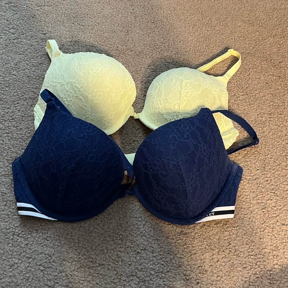 Two Victoria’s Secret bras padded size 34C yellow and navy blue